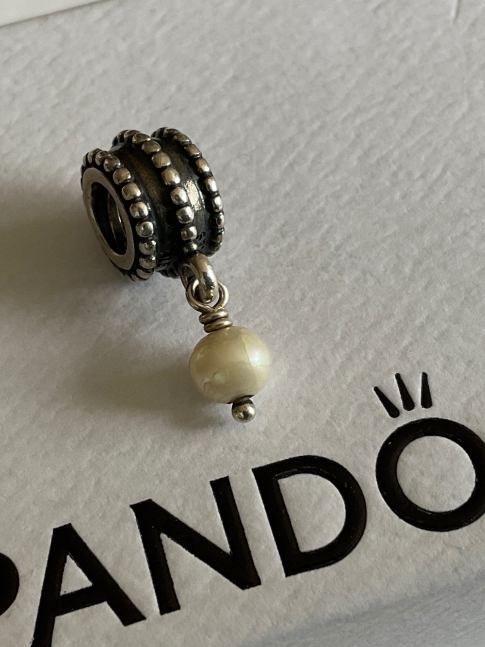 Pandora Silver Beaded Spacer Charm with Cream Pearl Dangle